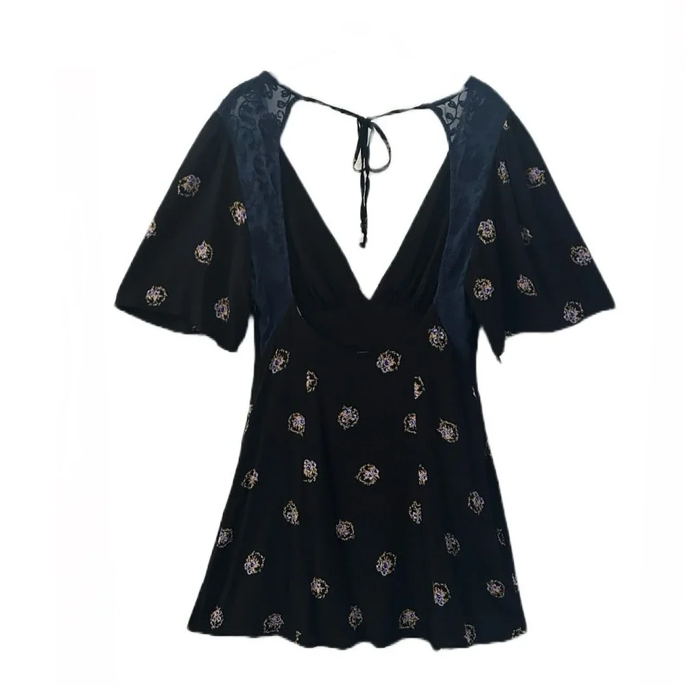 Free People Mockingbird Lace Inset Black Floral Mini‎ Dress Women's Size 2